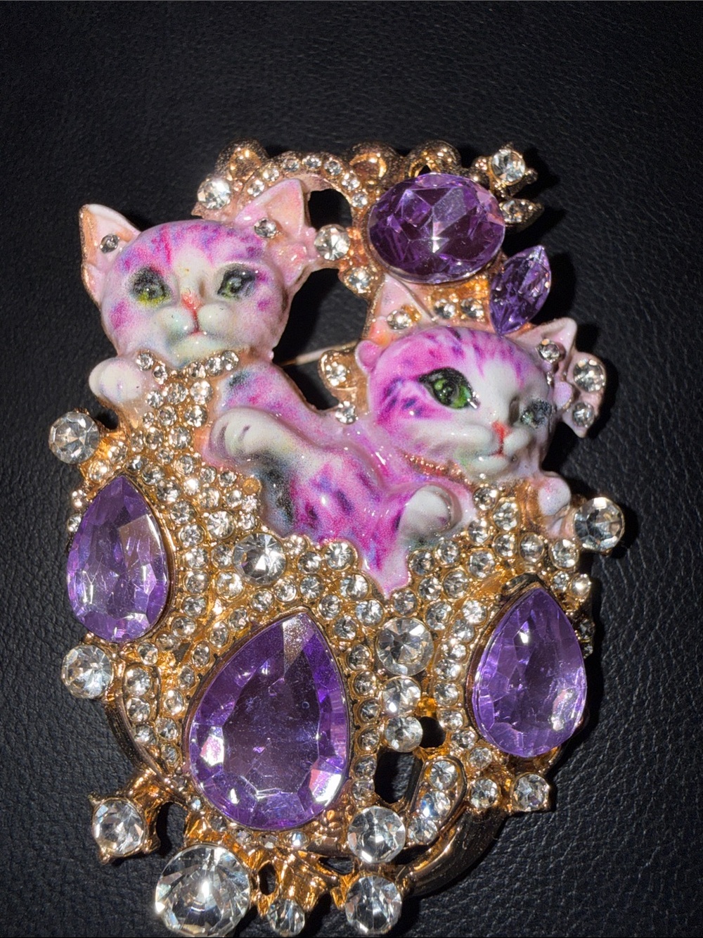 Gold-Tone Purple & Pink Cat Trio Brooch with Clear Crystal Accents